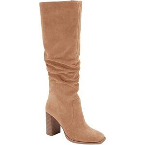 Women's Light Khaki Chunky High Heel Square Zipper Wide Calf Knee High Boots